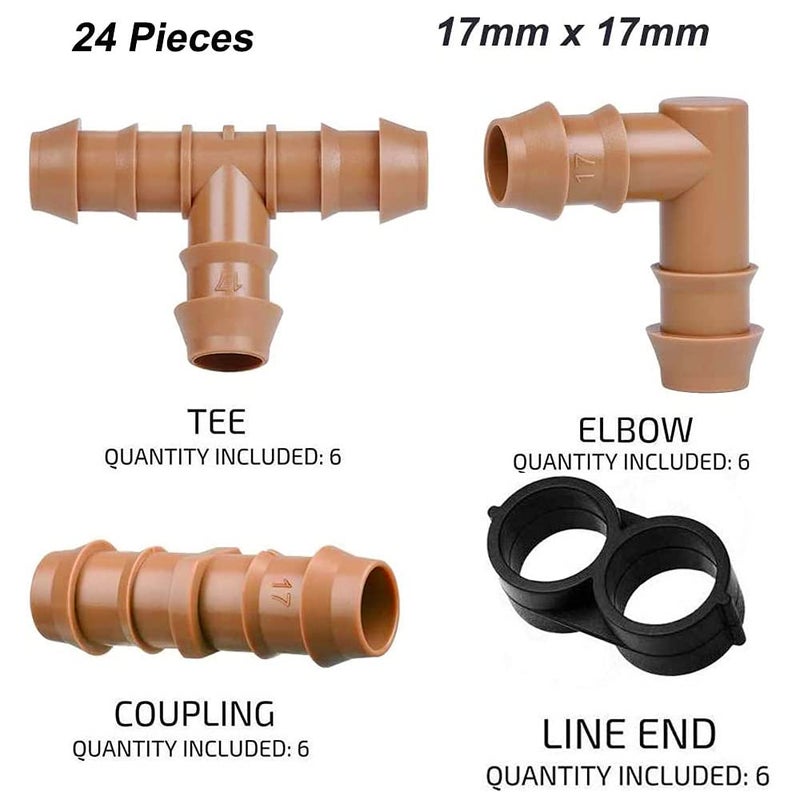 JAYEE 24P Drip Irrigation Fittings Kit for 1/2" Tubing (.600 ID), 17mm Parts- 6 Tees, 6 Couplings, 6 Elbows,6 End Cap Plugs- Barded Connectors for Rain Bird Pipe and Sprinkler Systems (24 Pieces Set) - Image 2